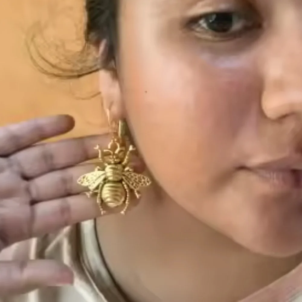 Gold Bee Dangle Earrings Unique Jewelry - Picture 7 of 11